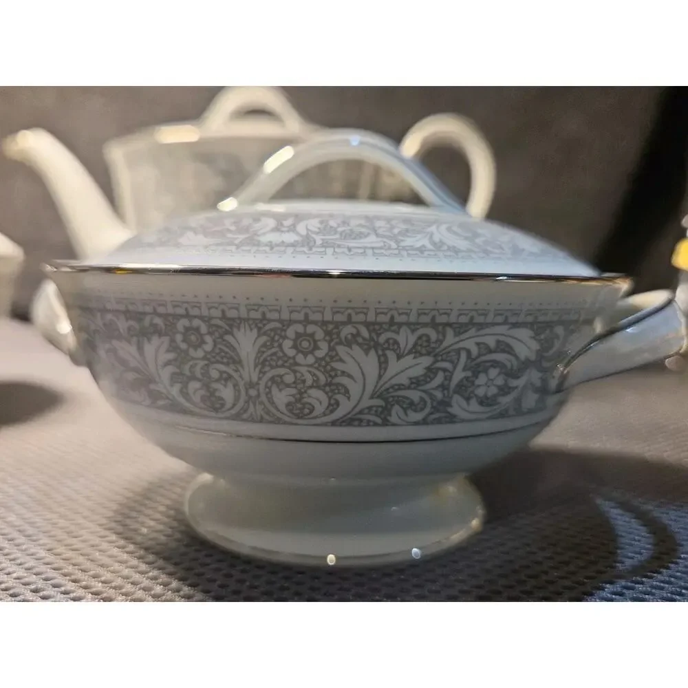 Noritake China Naples 6975 Tea Pot Sugar Bowl And Creamer White Gray Trim